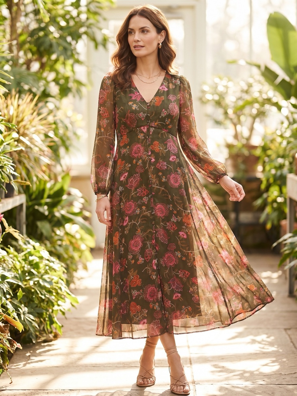 Talbots Olive Floral Midi Dress with Pink and Orange Blooms